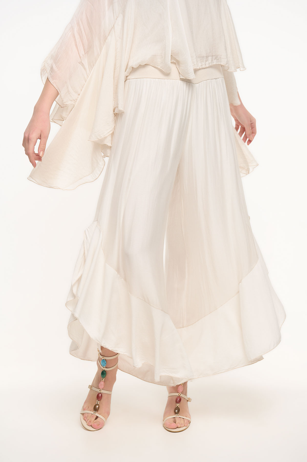 Παντελόνα silk με βολάν - Εκρού, One_size