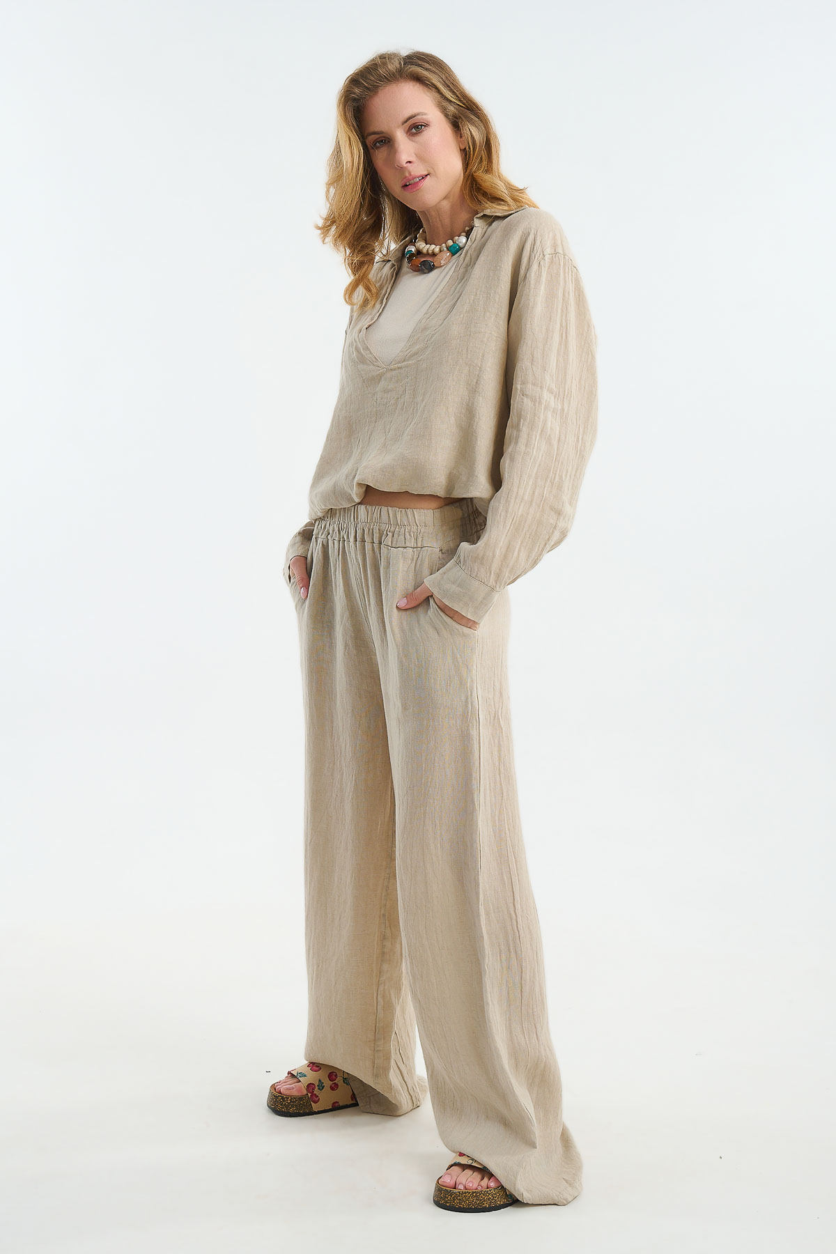 Set μπλούζα με παντελόνι λινό - Μπεζ, One_size