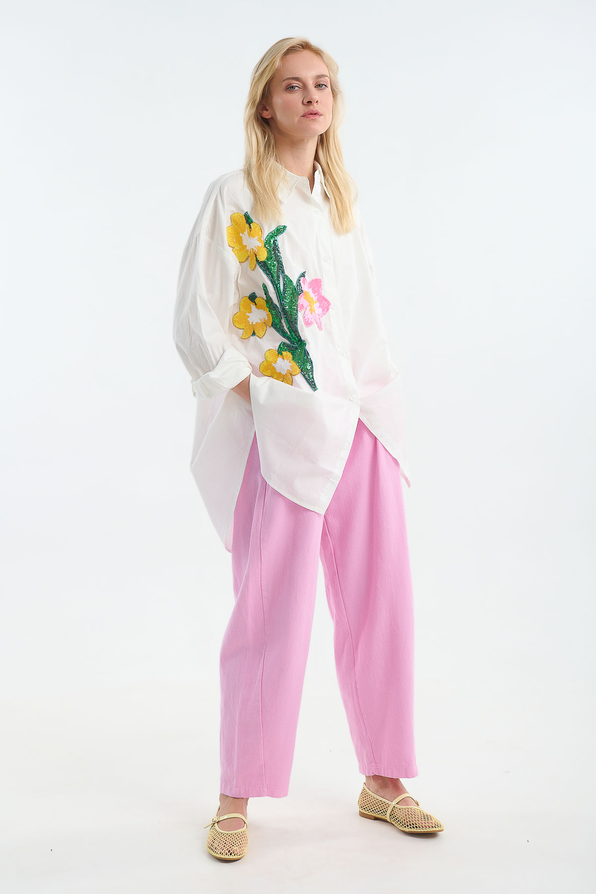 Πουκάμισο oversized κέντημα flower - Λευκό, One_size