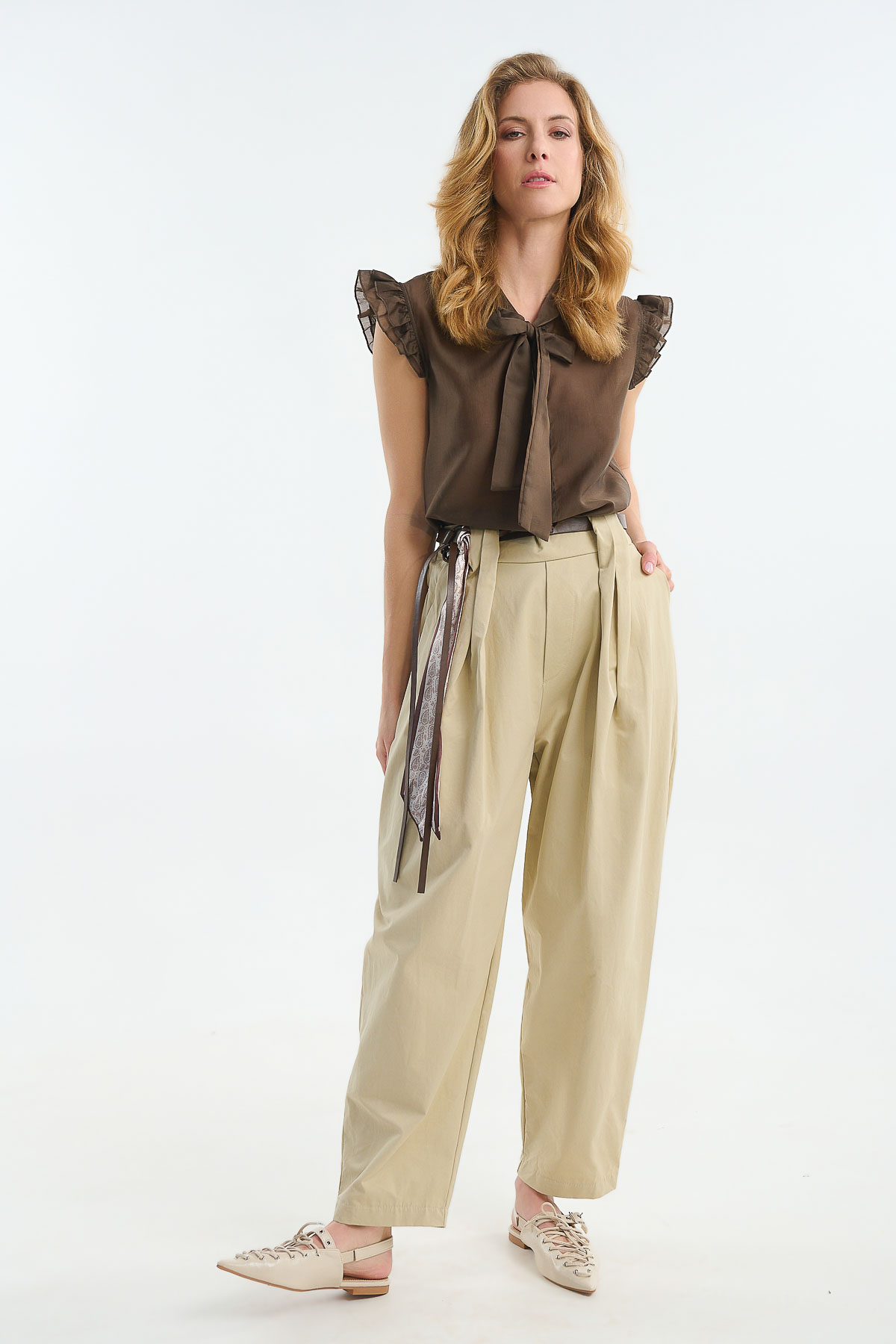 Παντελόνι βαμβακερό με ζώνη και μαντήλι - Μπεζ, One_size