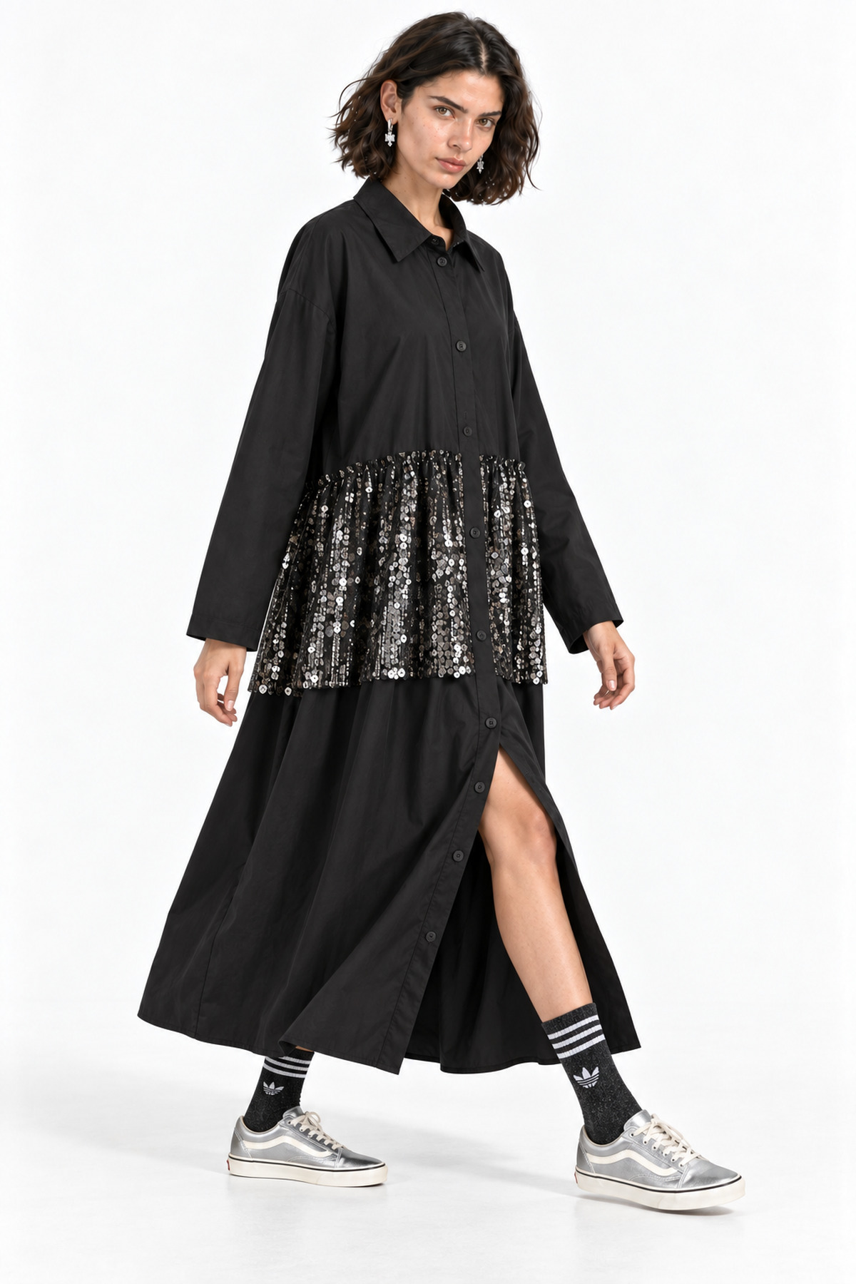 Φόρεμα maxi με παγέτα oversized - Μαύρο, One_size