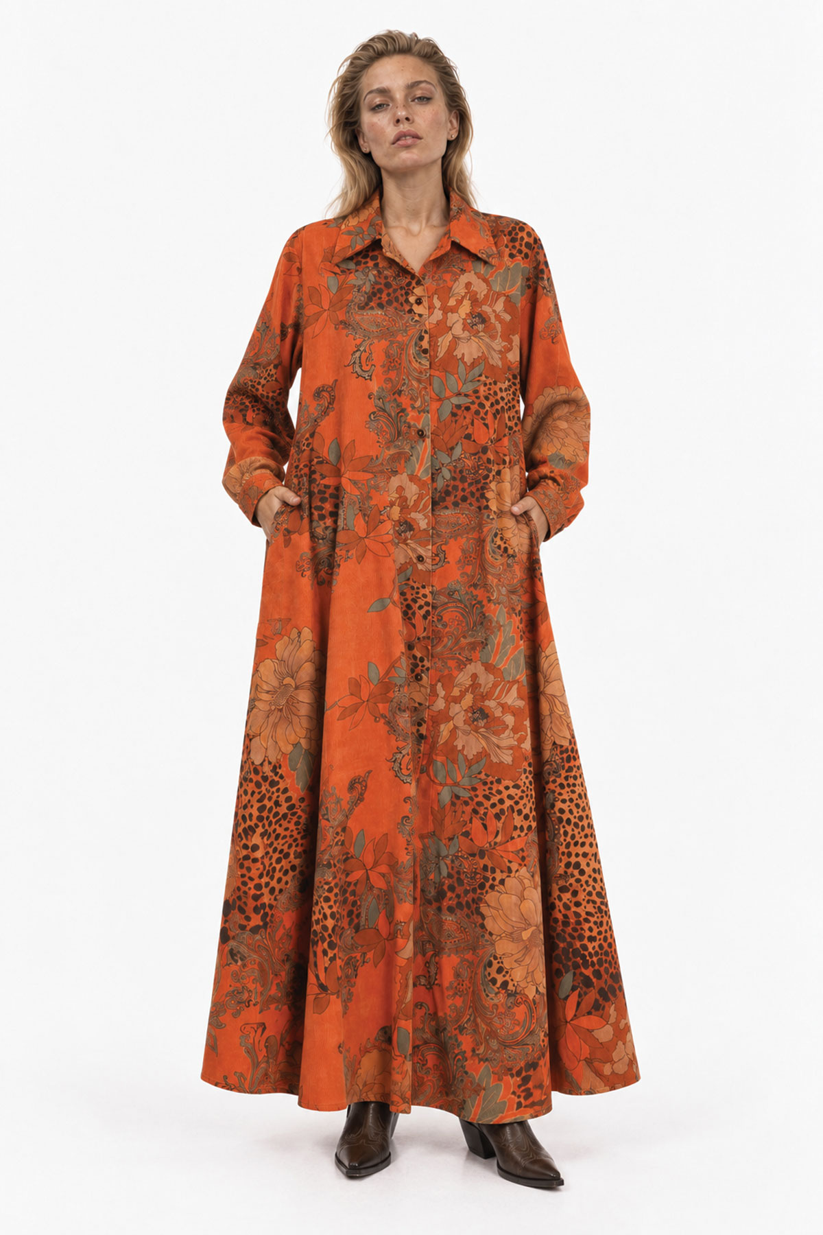 Μακρύ Κοτλέ Φόρεμα Σεμιζιέ με Floral Print - Πορτοκαλί, One_size