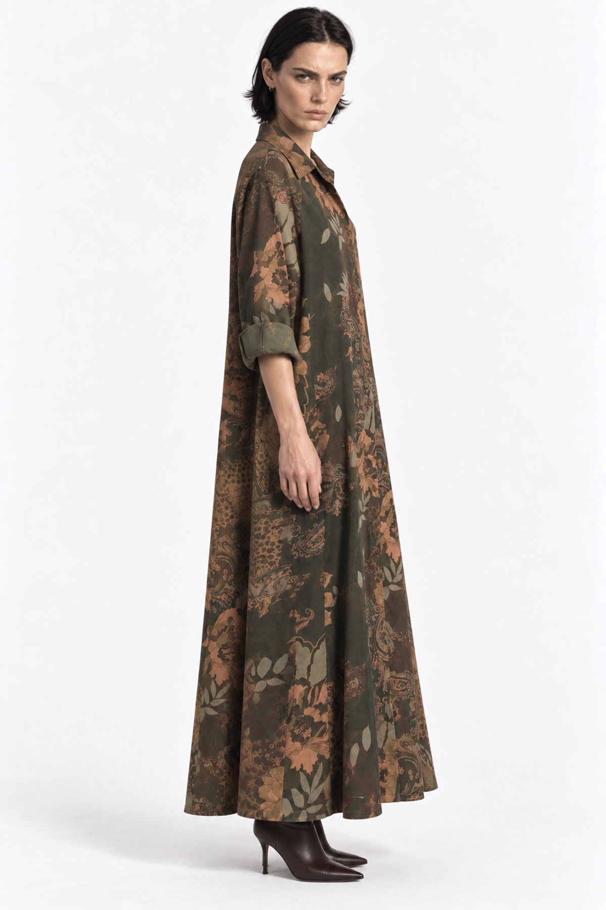 Μακρύ Κοτλέ Φόρεμα Σεμιζιέ με Floral Print
