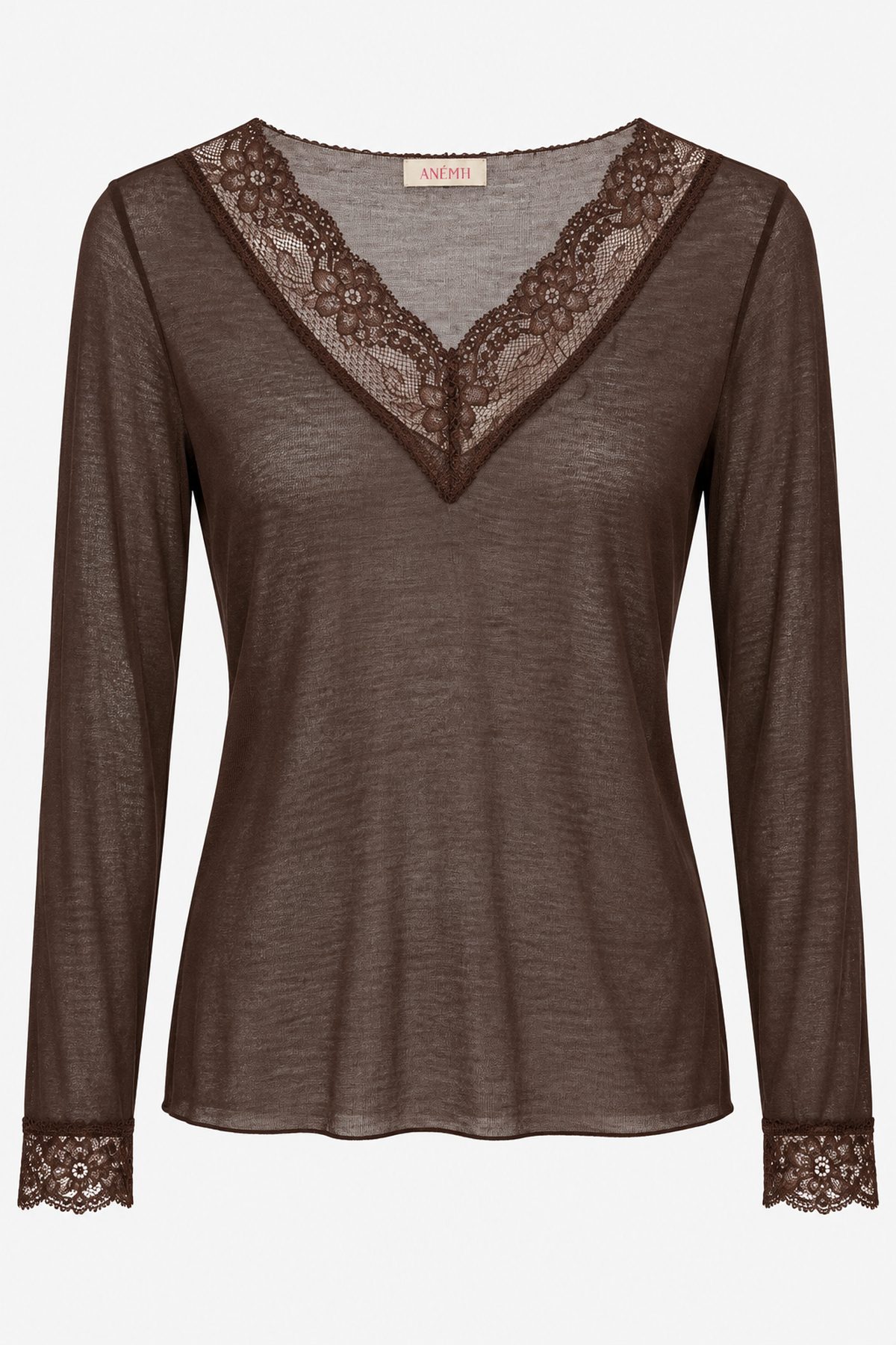 Μπλούζα cashmere δαντέλα V - Καφέ, One_size