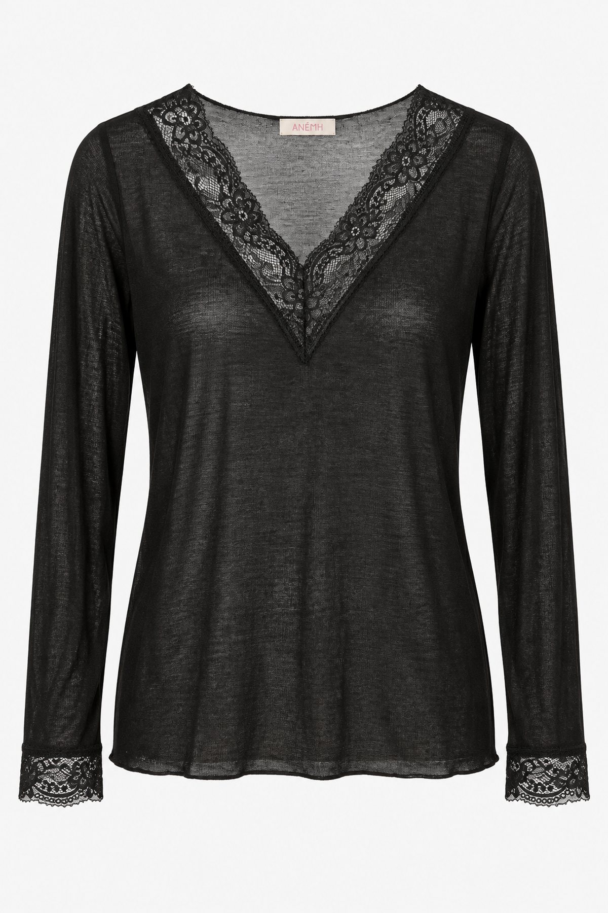Μπλούζα cashmere δαντέλα V - Μαύρο, One_size