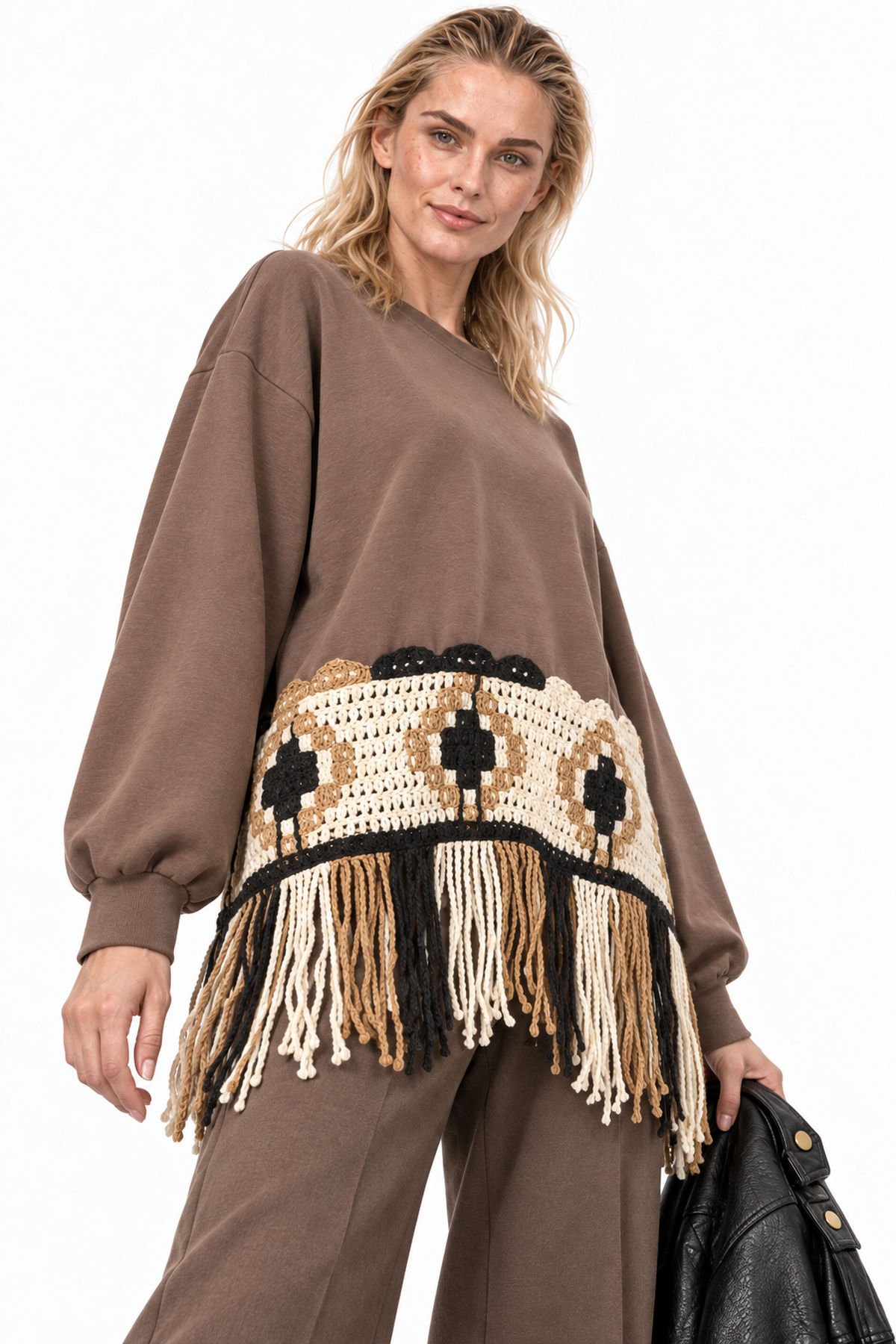 Μπλούζα Φούτερ με Crochet Πλέξη και Κρόσσια - Καφέ, One_size