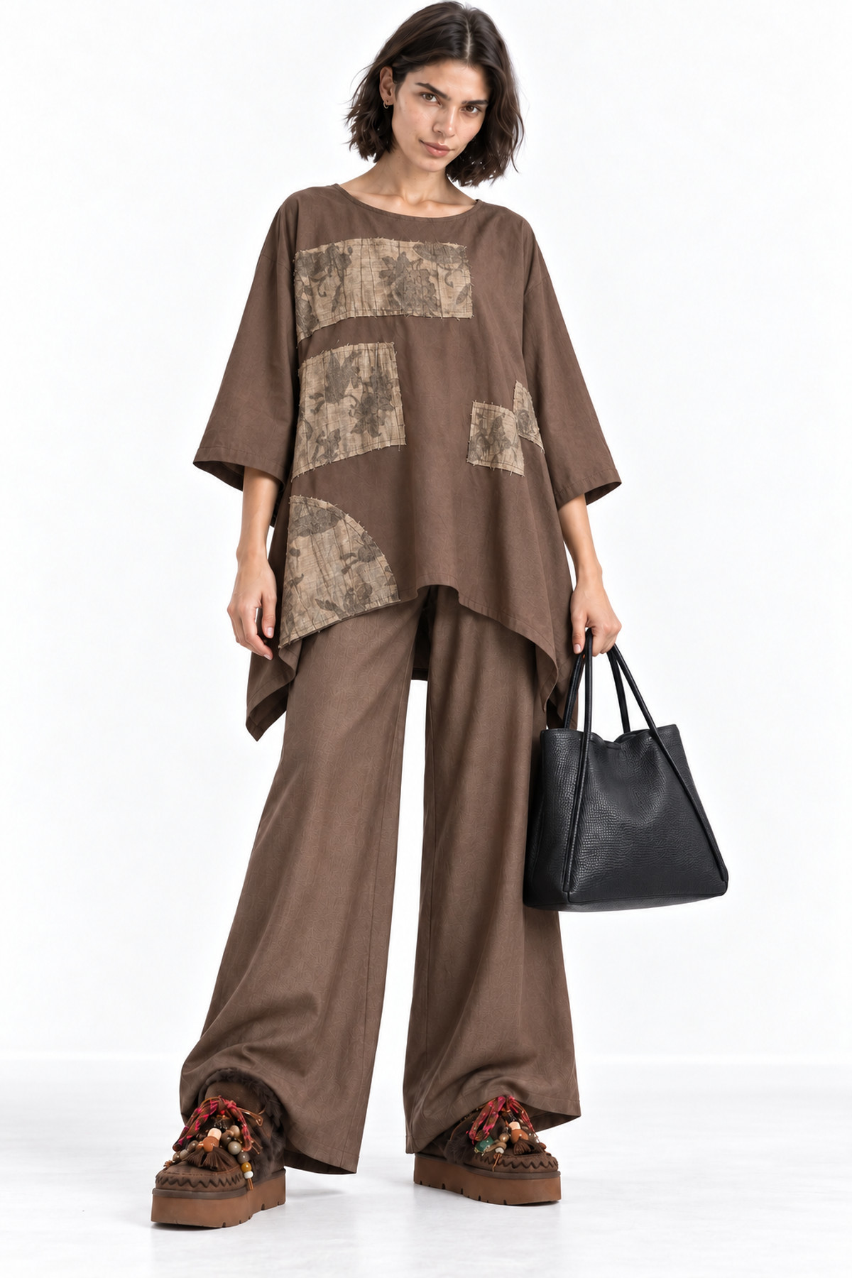 Μπλούζα cotton κουμπιά πίσω patchwork - Καφέ, One_size