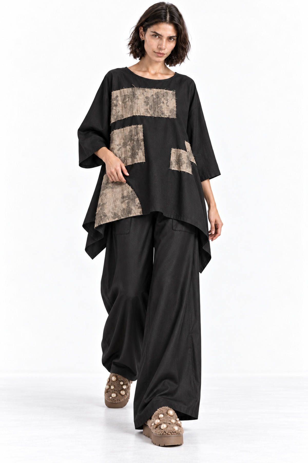 Μπλούζα cotton κουμπιά πίσω patchwork - Μαύρο, One_size