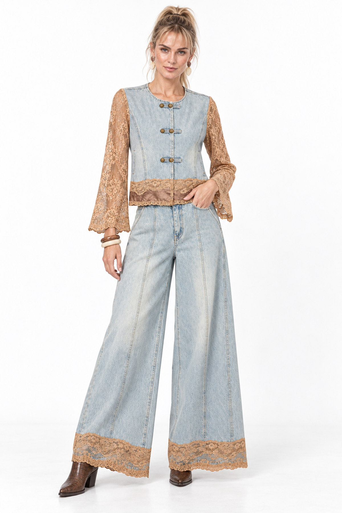Set denim δαντέλα μανίκια - Γαλάζιο, One_size