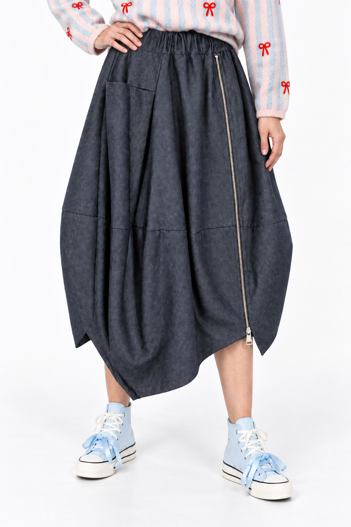 Φούστα denim ασύμμετρη με φερμουάρ - Navy Μπλε, One_size