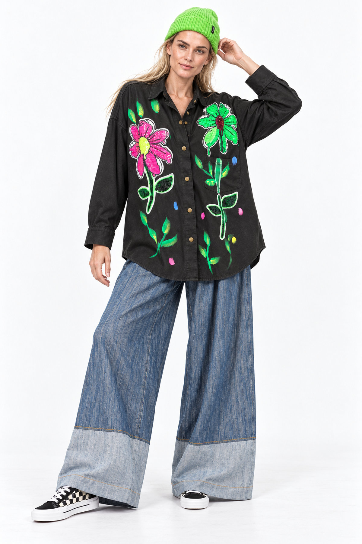 Jacket denim applique flower - Μαύρο, One_size