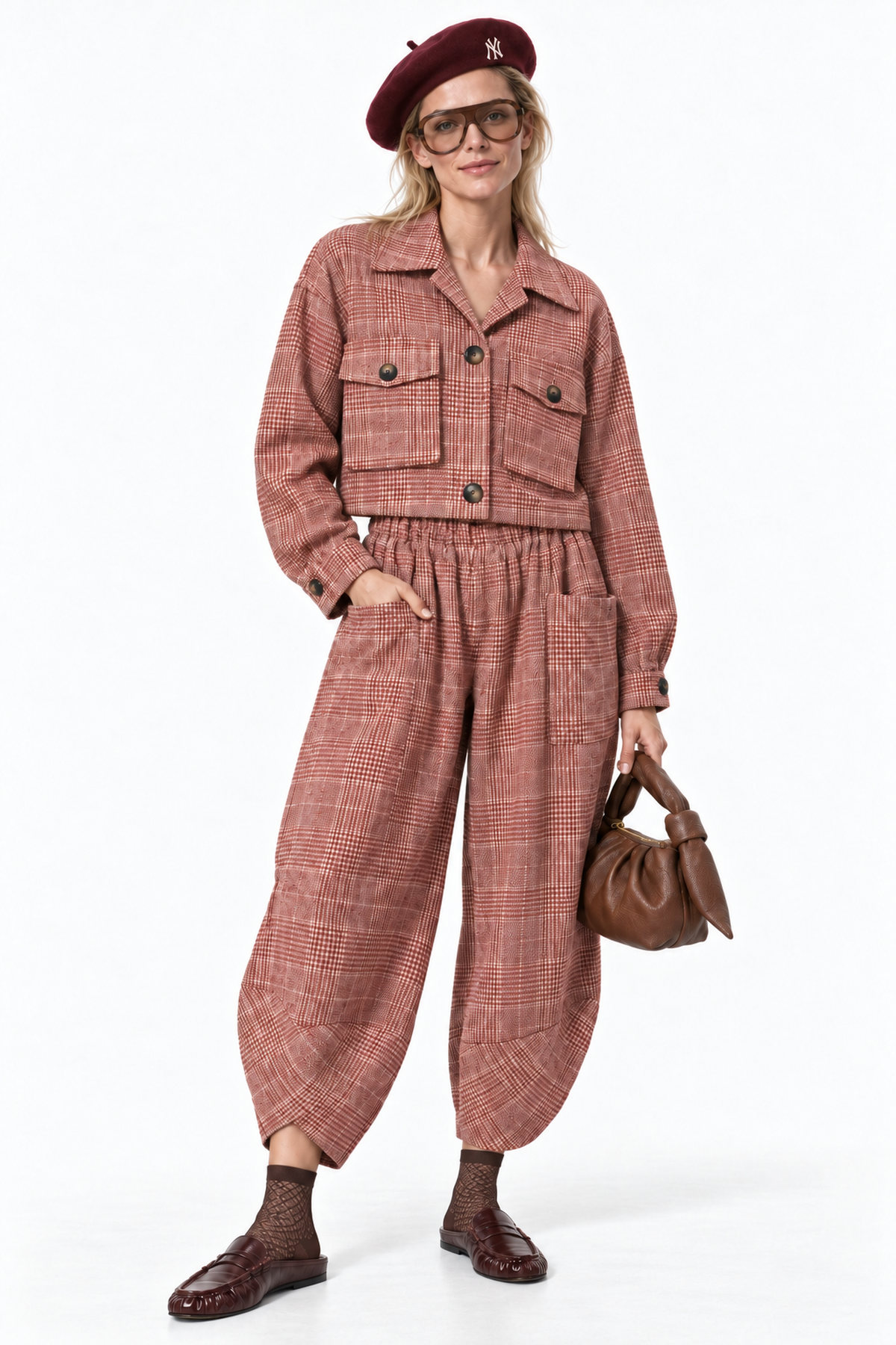 Jacket crop καρό - Μπορντό, One_size