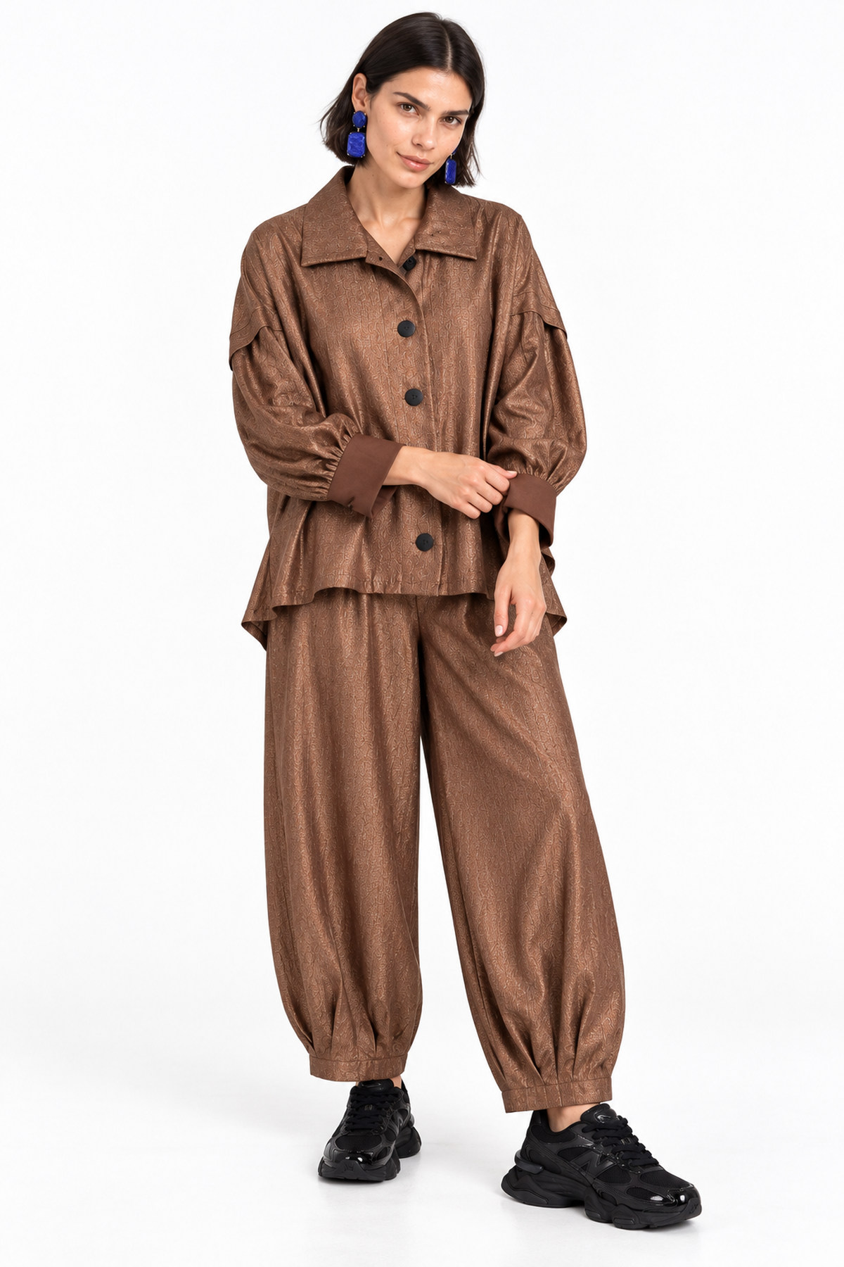 Σακάκι Oversized με Γυαλιστερή Υφή - Καφέ, One_size