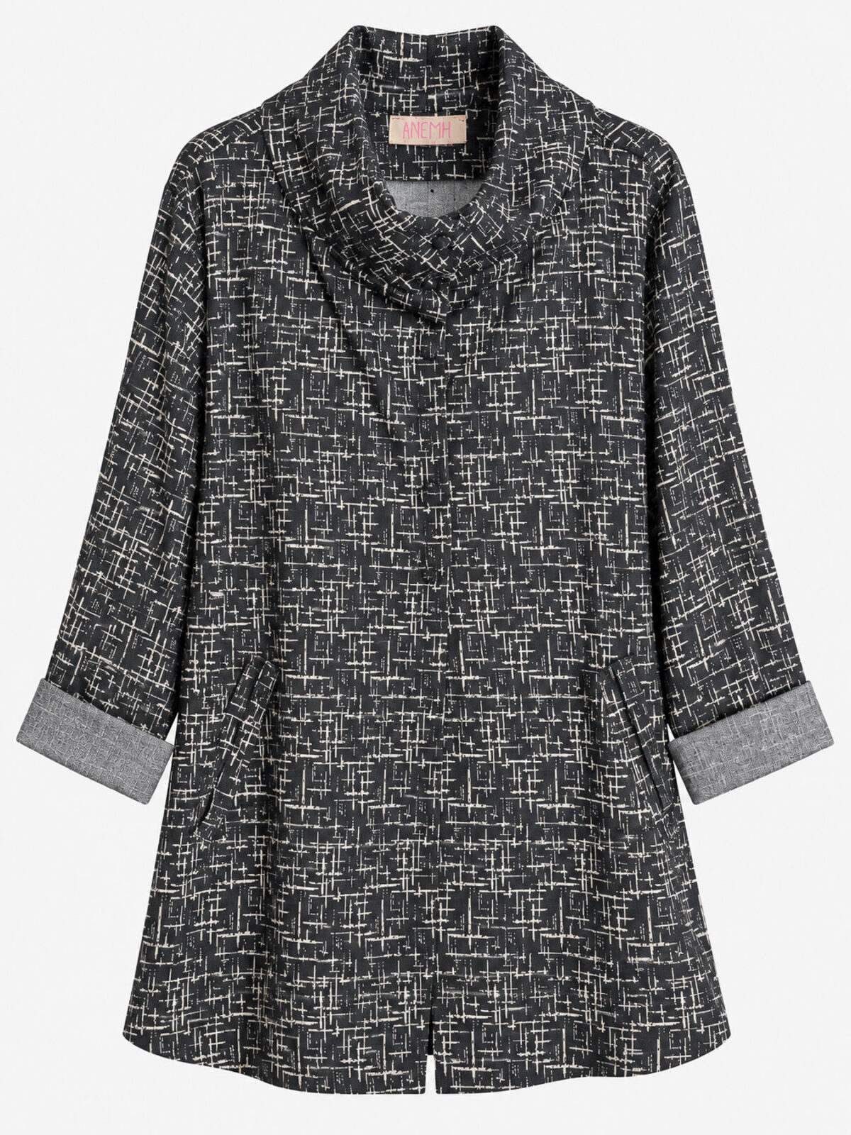Jacket με Γεωμετρικό Μοτίβο και Ντραπέ Γιακά - Ασπρόμαυρο, One_size