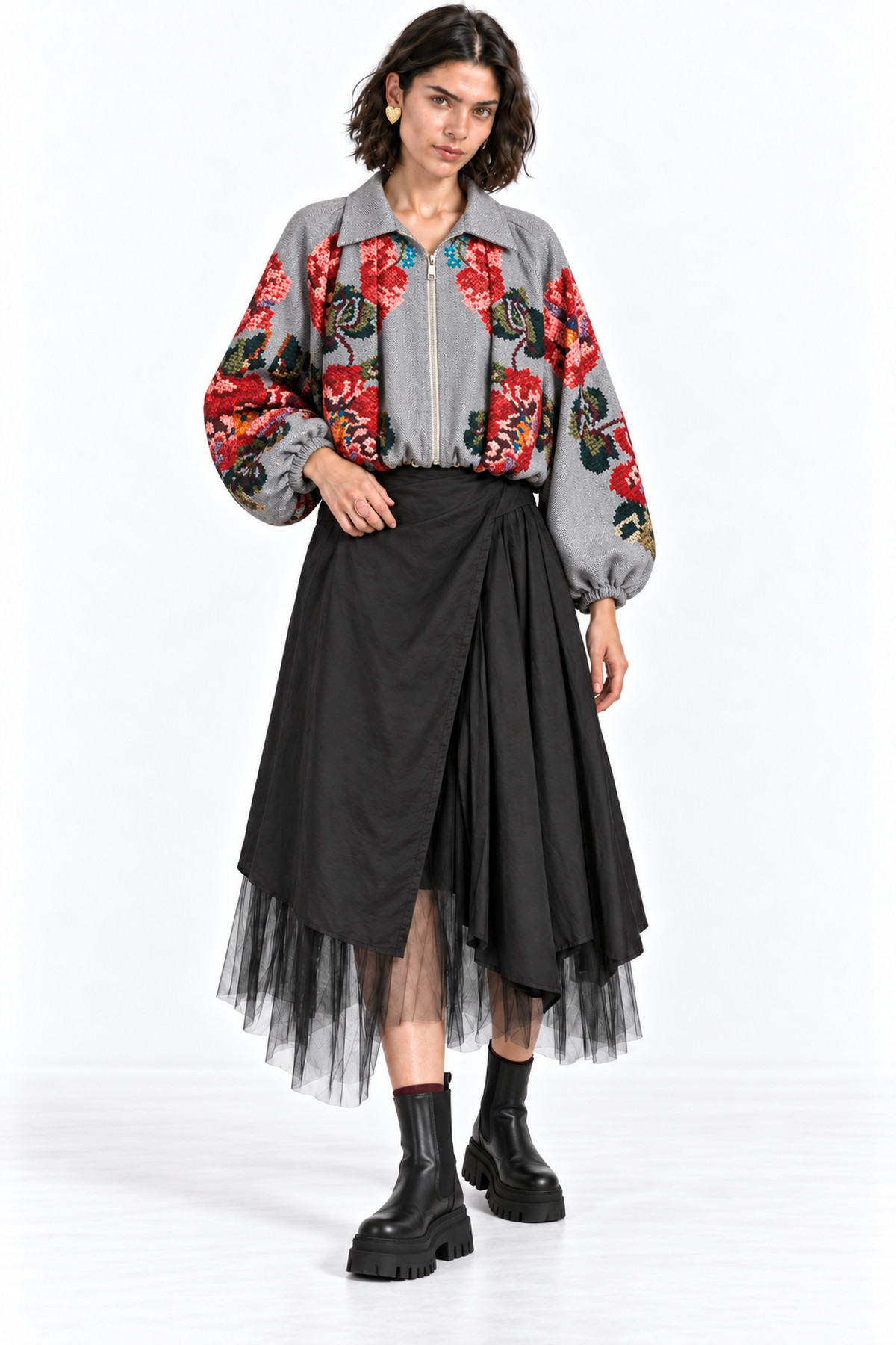 Jacket bomber embroidery effect - Γκρι, One_size