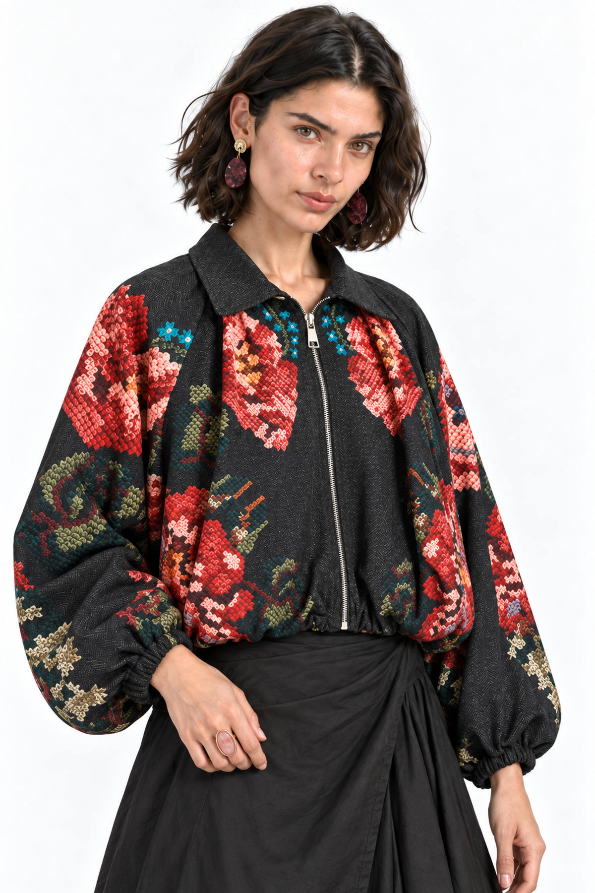 Jacket bomber embroidery effect - Μαύρο, One_size