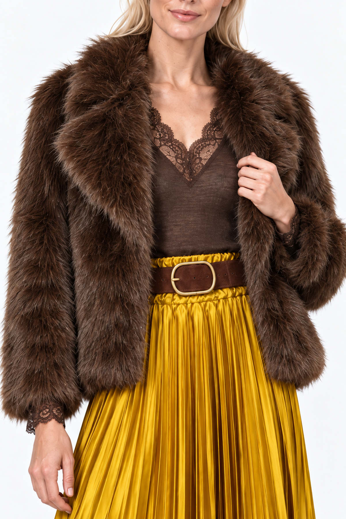 Eco fur jacket με μεγάλο γιακά - Καφέ, One_size