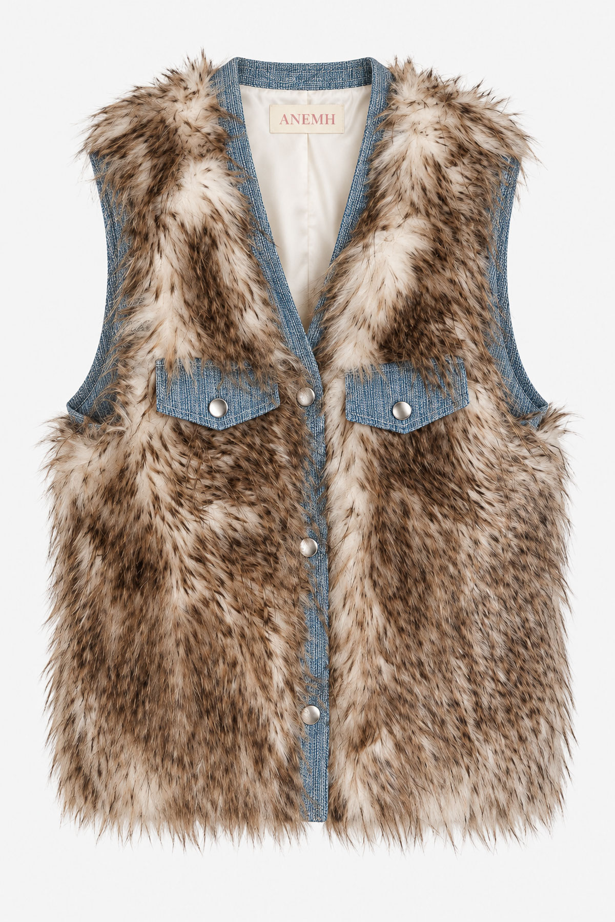 Γιλέκο denim eco fur - Καφέ, L/XL