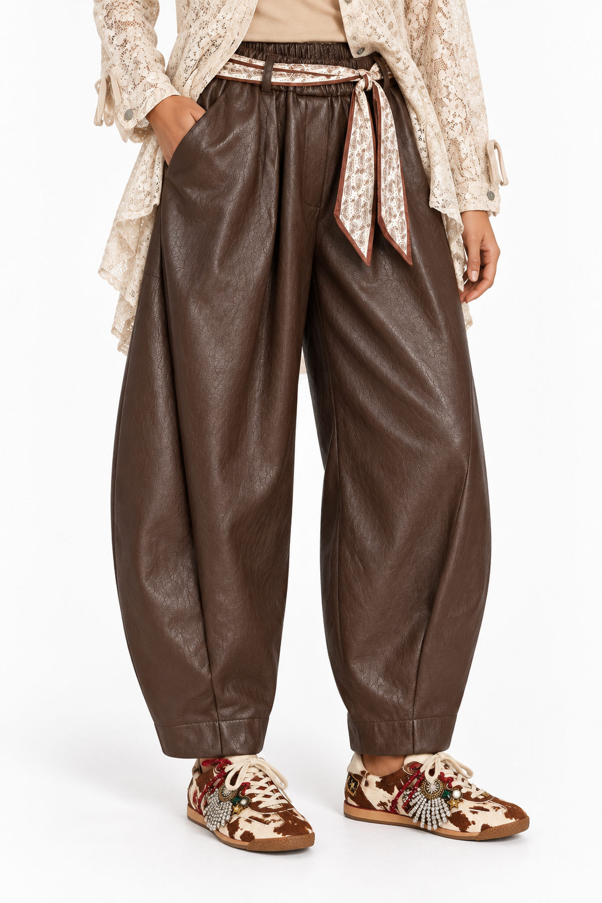 Παντελόνα eco leather ζώνη μαντήλι - Καφέ, One_size