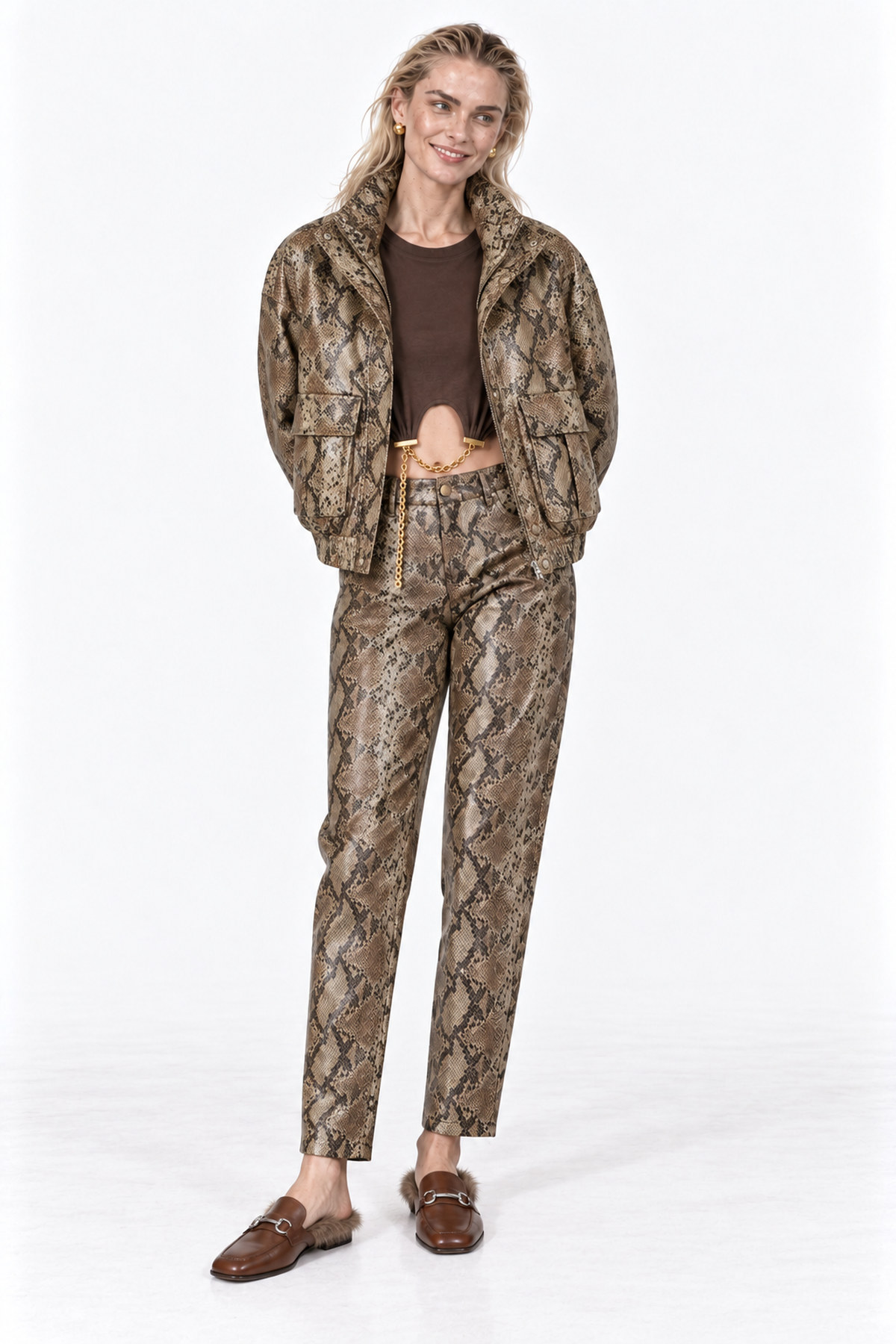 Pants eco leather snake - Χακί, M/L