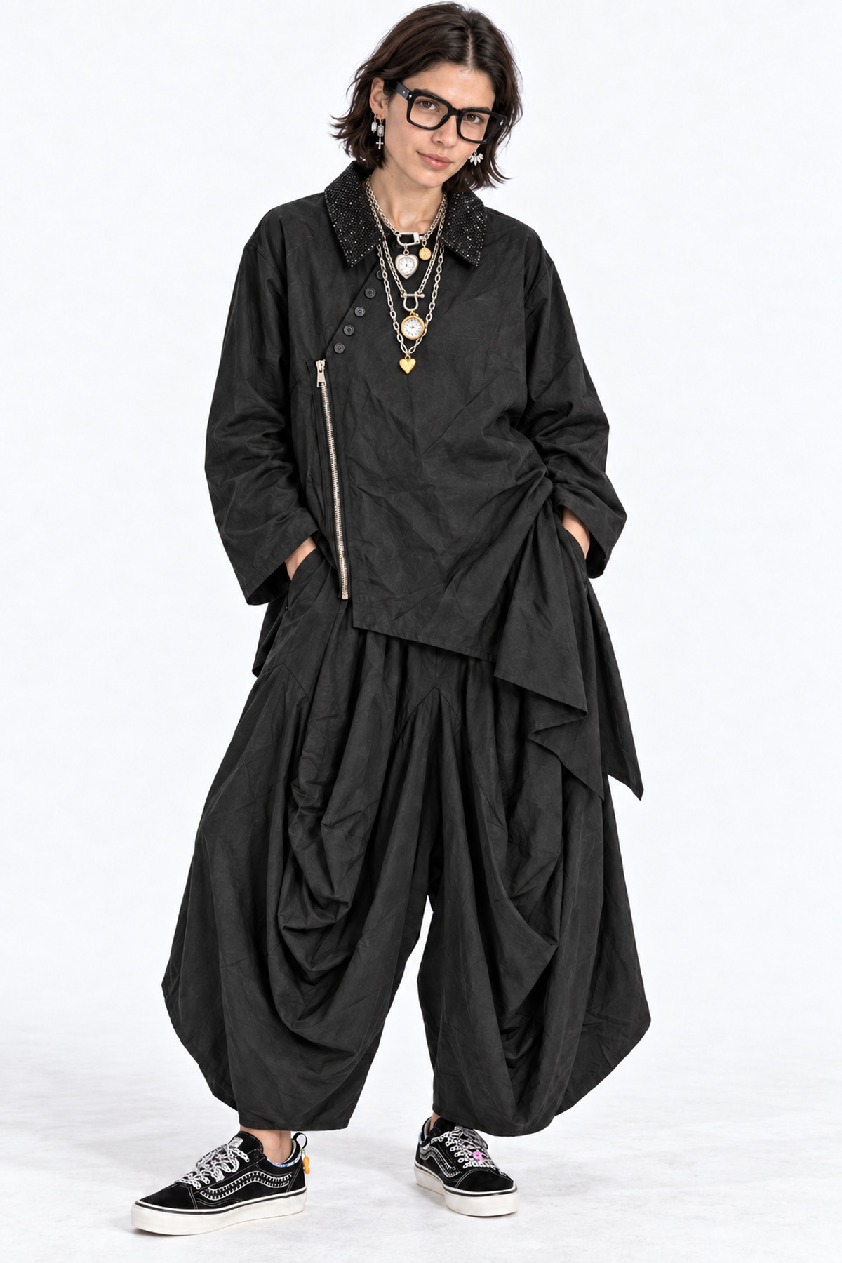 Παντελόνα oversized με σούρες - Μαύρο, One_size