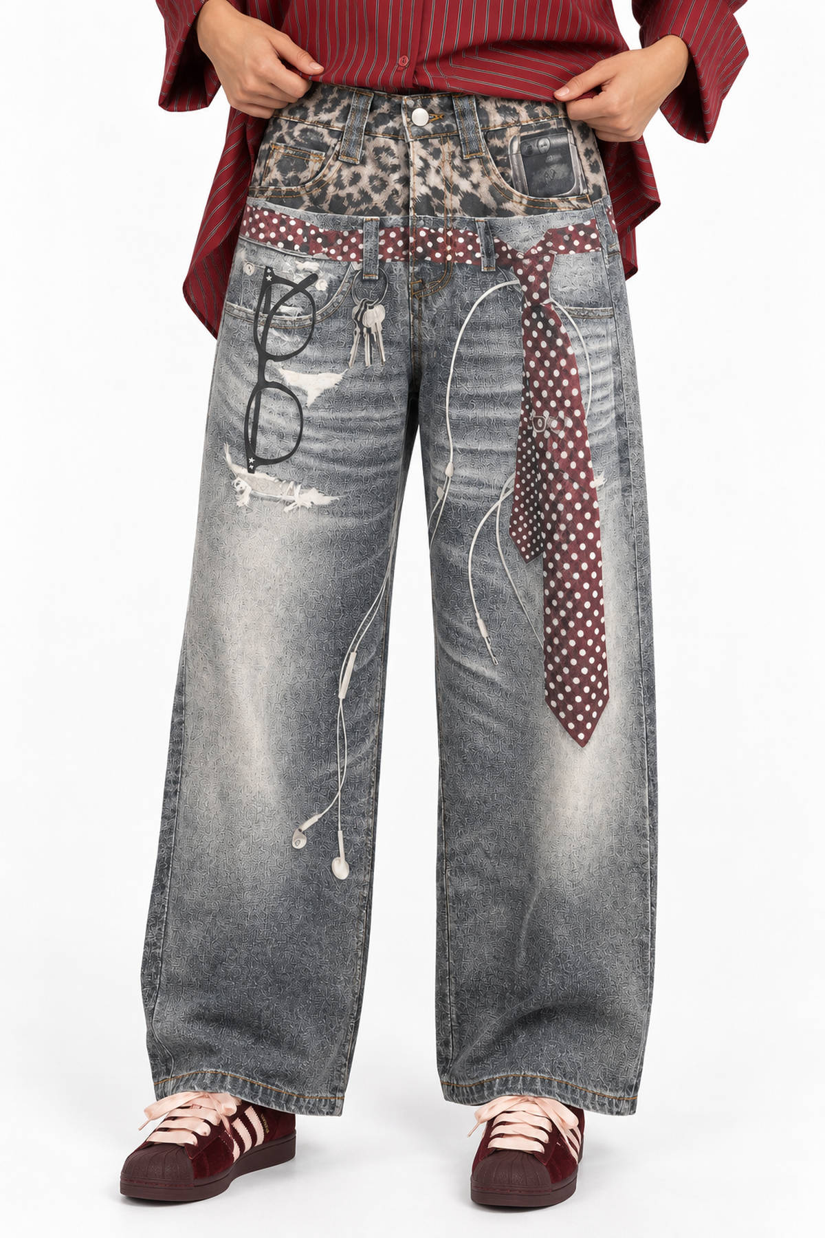 Παντελόνι denim με print - Γκρι, M