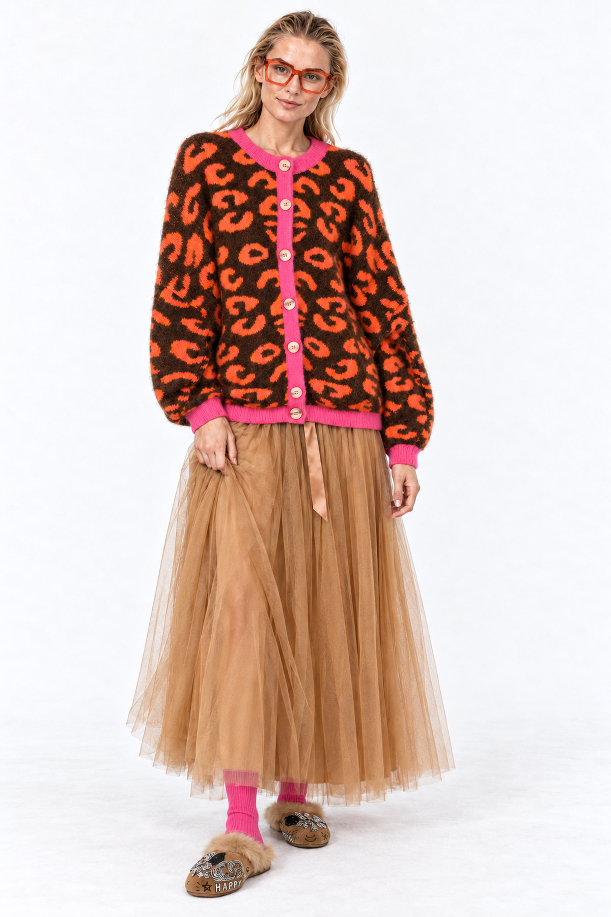 Cardigan animal print fluo details - Καφέ, One_size