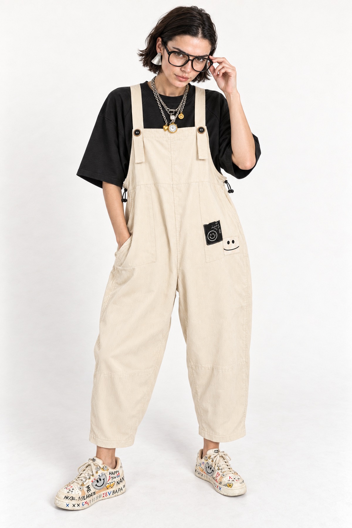 Jumpsuit Κοτλέ smiley patches - Εκρού, One_size