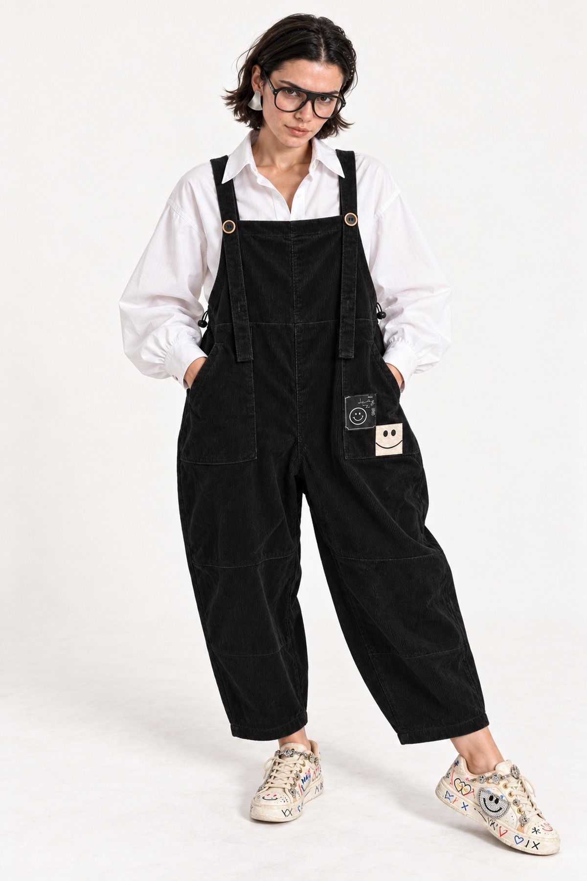 Jumpsuit Κοτλέ smiley patches - Μαύρο, One_size