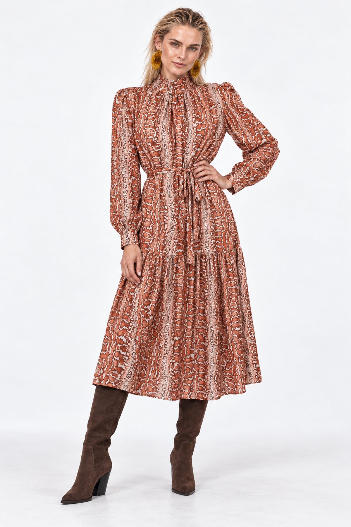Φόρεμα Snake Print με Δέσιμο στην Πλάτη - Καφέ, L/XL
