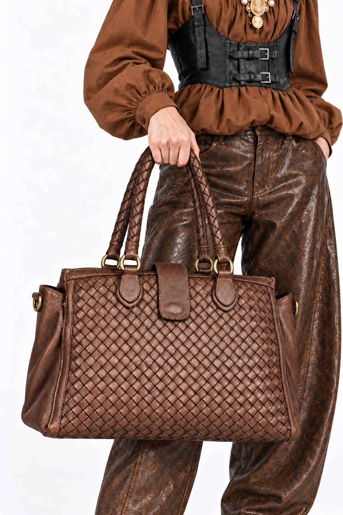 Πλεκτή Δερμάτινη Handbag Tote με Διπλές Λαβές - Καφέ, One_size
