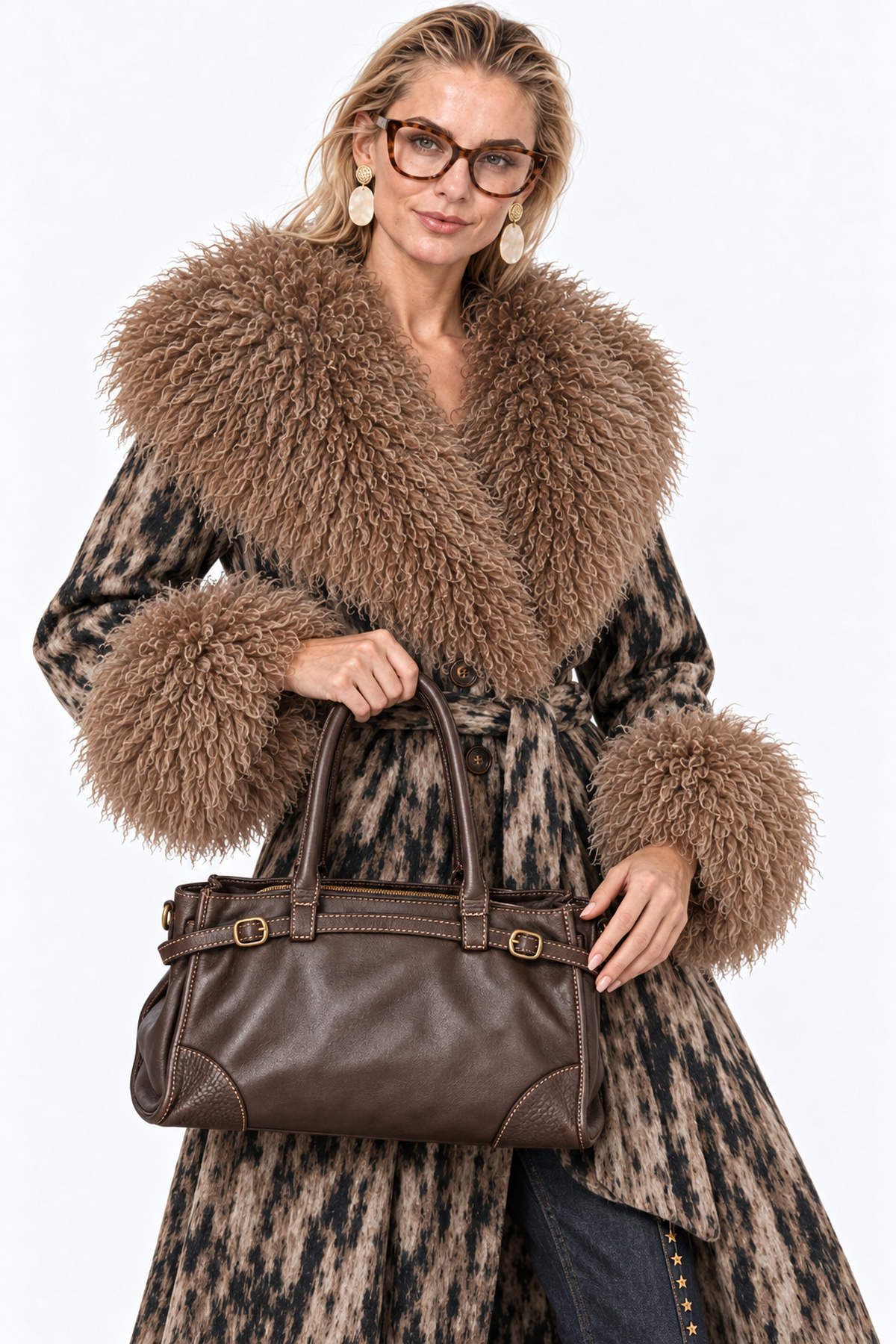 Δερμάτινη Handbag με Διπλές Αγκράφες - Καφέ, One_size