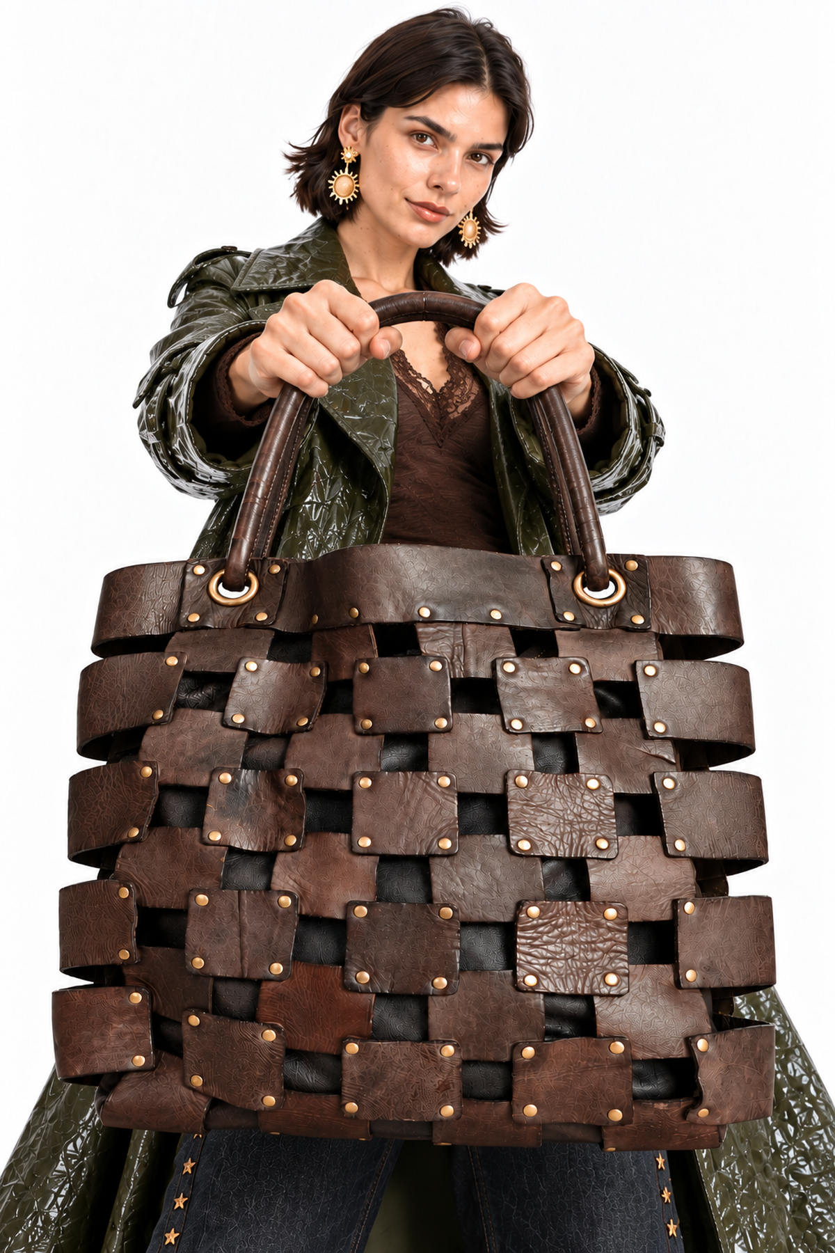 Δερμάτινη Handbag Tote με Τρουκς και Εσωτερική Τσάντα - Καφέ, One_size
