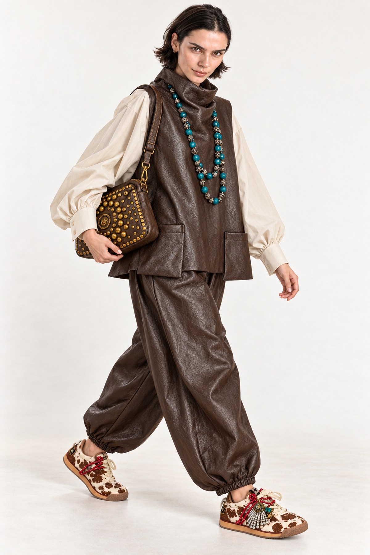 Set γιλέκο με παντελόνα eco leather - Καφέ, One_size