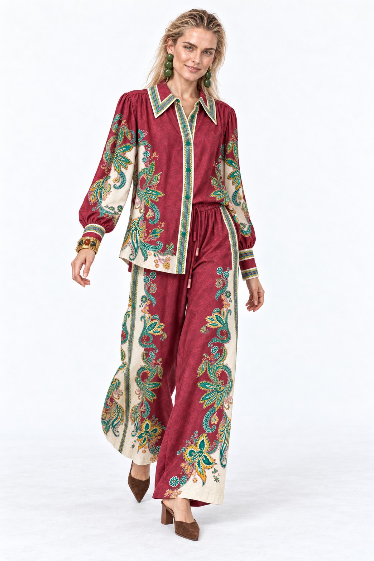 Σετ Πουκαμίσα & Παντελόνα με Floral Print - Μπορντό, L/XL