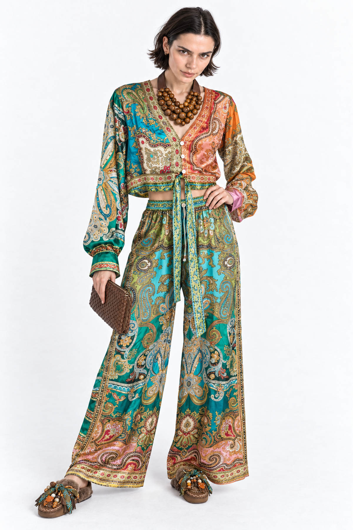 Set satin crop shirt & pants lahouri - Πολύχρωμο, L/XL
