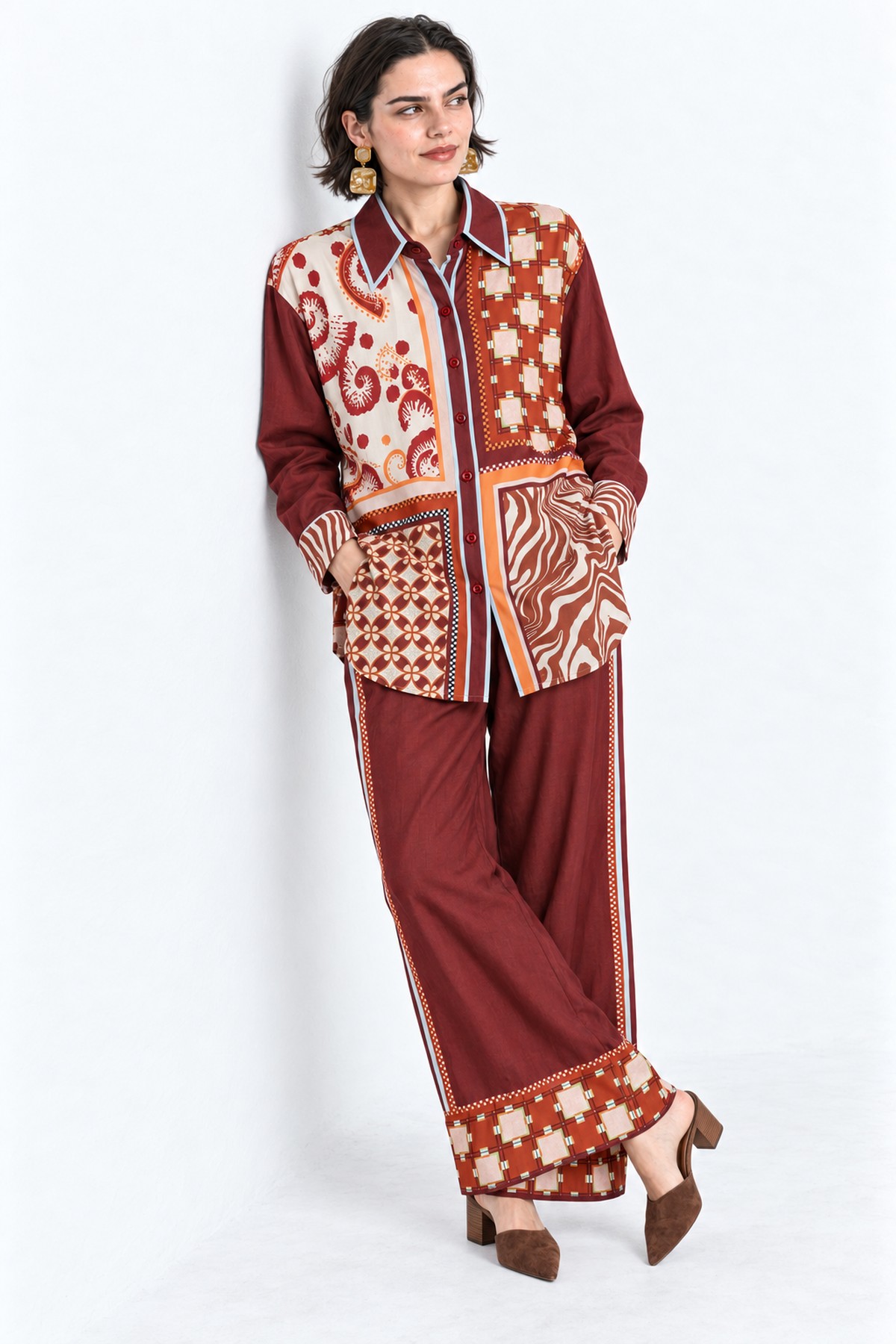 Σετ Πουκαμίσα & Παντελόνα με Patchwork Print - Μπορντό, L/XL