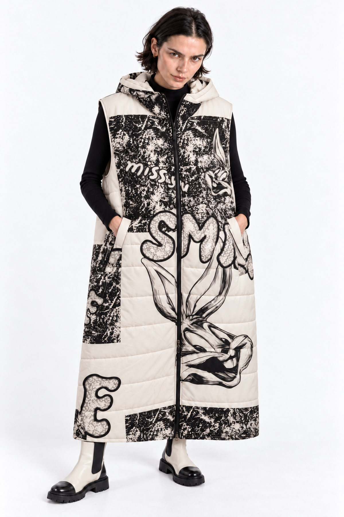 Jacket puffer αμάνικο figures - Ασπρόμαυρο, One_size